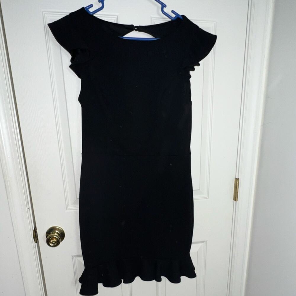 B. Darlin Black Bodycon Dress Cap Sleeve V-Neck Ruffle Zip Knee Juniors 13/14